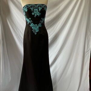 Jovani Strapless Black Dress with Blue Floral Accents